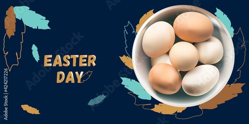 Happy easter. Festive background with realistic eggs in a bowl, feathers. Festive web banner. Horizontal poster in turquoise color, with a place for a heading.