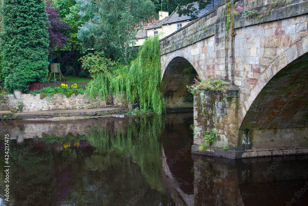 Stone Bridge over river with green plants Stone Bridge over river with green plants