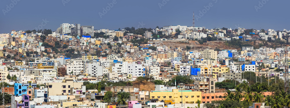 Panoramic view of Colorful buildings in Hyderabad city, India