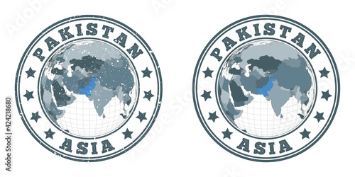 Pakistan round logos. Circular badges of country with map of Pakistan in world context. Plain and textured country stamps. Vector illustration.