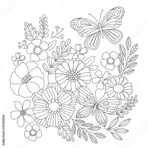 Outline vector drawing of flowers and butterflies for adult coloring books. Page of floral elements in black and white.