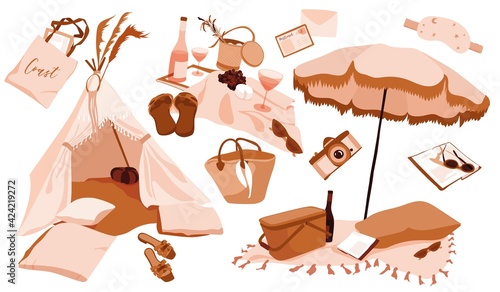 picnic on the beach illustration set. Handmade Indian chalet, plaid with wine, cheese and grapes. beach umbrella with pillows, picnic basket, romantic moments. Postcards, camera, Straw bag, basket