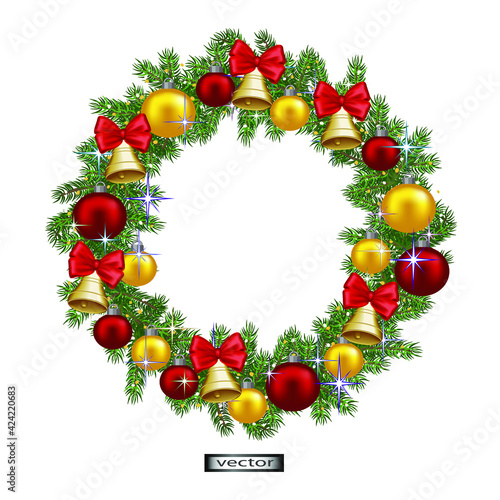 Set of vector illustrations for Christmas holiday, new year glass balls, Golden bell, shining stars, red bow, spruce branches and wreath on door pattern isolated on transparent background