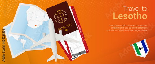 Travel to Lesotho pop-under banner. Trip banner with passport, tickets, airplane, boarding pass, map and flag of Lesotho.