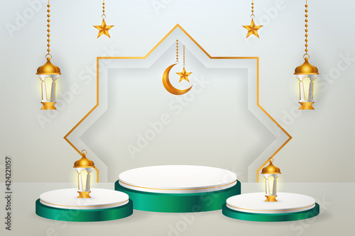3d product display green and white podium themed islamic with crescent moon, lantern and star for ramadan
