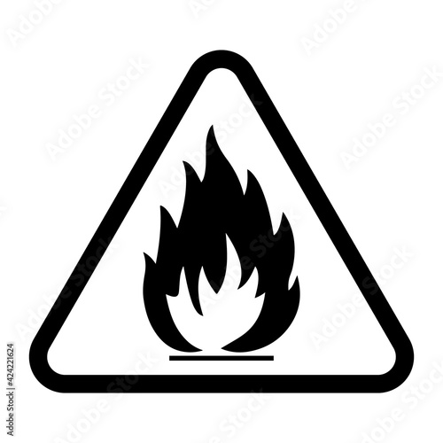 Flammable substances sign. Vector illustration of black and white triangle warning sign with flame fire inside. Attention. Danger zone. Caution flammable materials. Keep away from fire symbol.