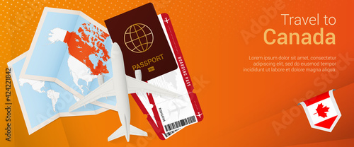 Travel to Canada pop-under banner. Trip banner with passport, tickets, airplane, boarding pass, map and flag of Canada.