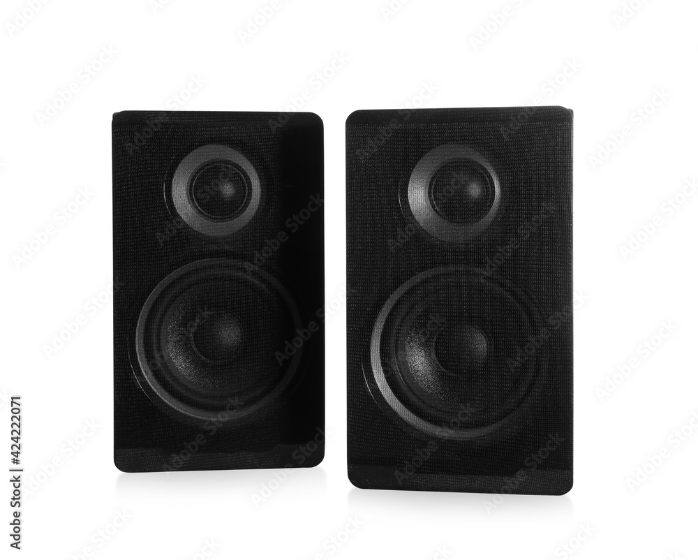 Modern powerful audio speakers on white background Modern powerful audio speakers on white background