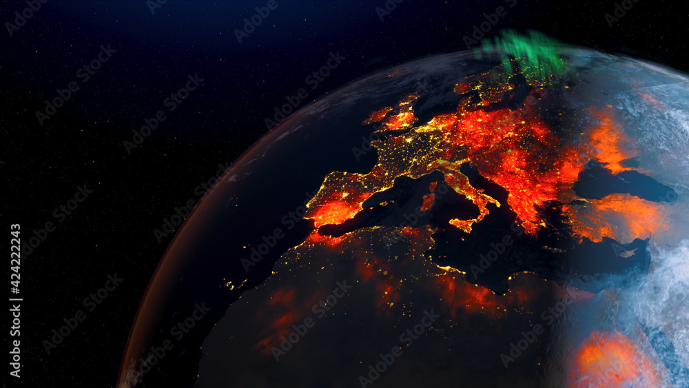 Earth wildfire view from space night skyline. Greenhouse gas effect.  Realistic 3d rendering animation. ilustración de Stock | Adobe Stock