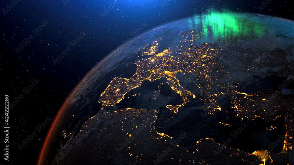 Earth from space night skyline. Realistic 3d rendering animation. Stock  Illustration | Adobe Stock