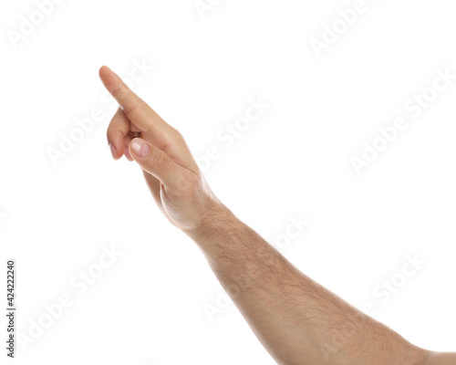 Man pointing at something on white background, closeup. Finger gesture