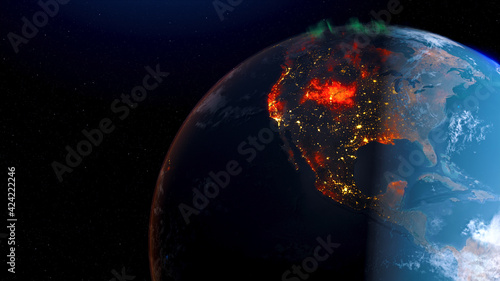 Earth wildfire view from space night skyline. Greenhouse gas effect. Realistic 3d rendering animation.