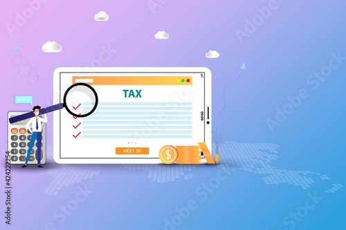 Business concept of online tax, businessman wear a medical face mask and hold a big magnifier to focus on the screen of tablet to check the list of tax and calculate for this physical year.