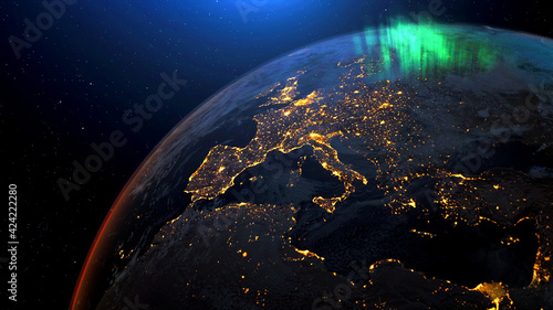 Earth from space night skyline. Realistic 3d rendering animation.