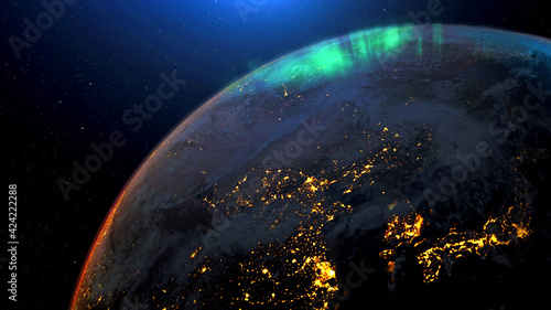 Earth from space night skyline. Realistic 3d rendering