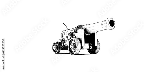 alte historische kanone, mittelalter schießpulver geschütz, skizze oder zeichnung, schattiert in schwarz & weiß mit weißem hintergrund
