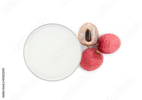 Freshly made lychee juice on white background, top view