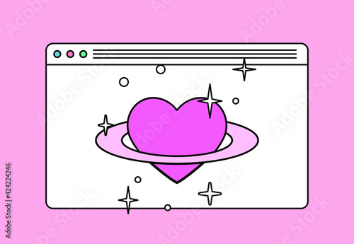 A heart with a ring around it that looks like the planet Saturn and retro user interface window.