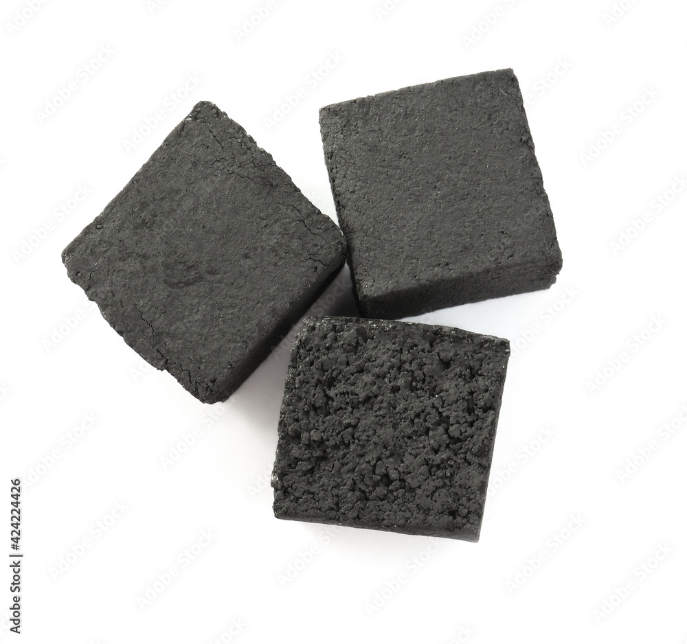 Charcoal cubes for hookah on white background, top view Charcoal cubes for hookah on white background, top view