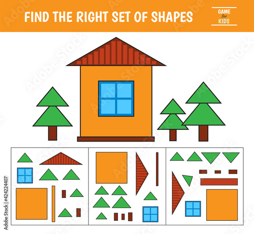Educational game for kids. Geometrical figure house. Find the correct block with geometric shapes. Preschool worksheet activity. Vector illustration