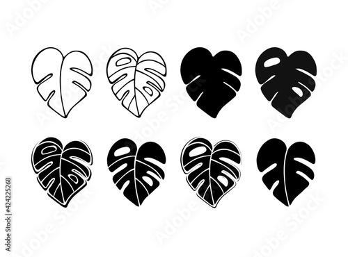 Black Monstera Leaf Silhouette Vector Icon Drawing.Tropical exotic outline isolated stencil leaves set.Posters,Cards,Photo,Overlay, Print,Vinyl wall sticker decal.Plotter laser cutting cut.Decoration. photo