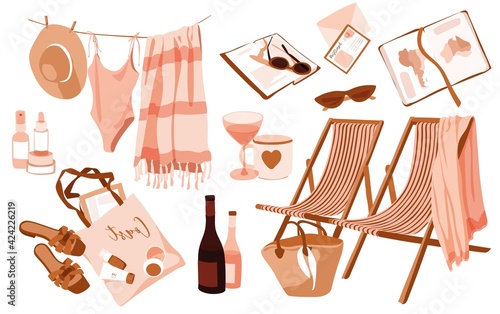 woman beach accessories sticker set. Striped sun longers with plaid, beach towel, swimsuit and straw hat on the rope, SPF, Shopper, Wine bottles, sunglasses. Map atlas. Nostalgic summer illustrations 