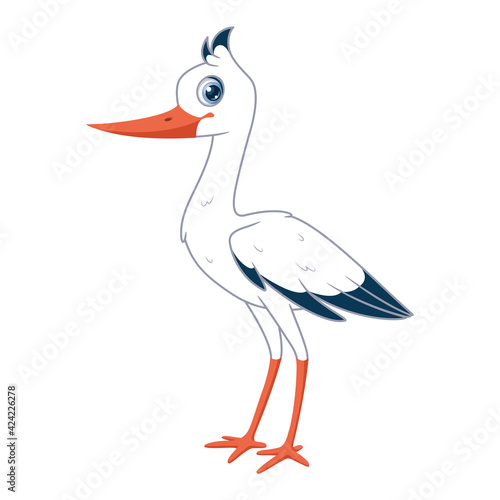 Character stork stands on white background. Vector cartoon illustration