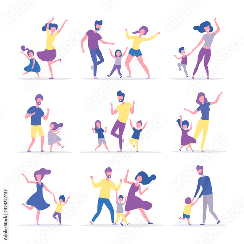 Set of dancing families isolated on a white background. Happy parents and children celebrate the holiday. Family dances and parties. Vector illustration. Flat style