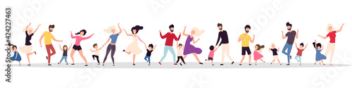 Set of dancing families isolated on a white background. Happy parents and children celebrate the holiday. Family dances and parties. Vector illustration. Flat style