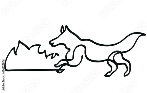 One line drawing of dog running. One continuous line drawing of dog running on full speed.