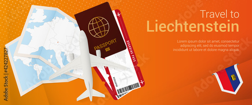 Travel to Liechtenstein pop-under banner. Trip banner with passport, tickets, airplane, boarding pass, map and flag of Liechtenstein.