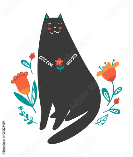 Ethnic cat with flower illustration in hand drawn style on white background.  (ID: 424229489)