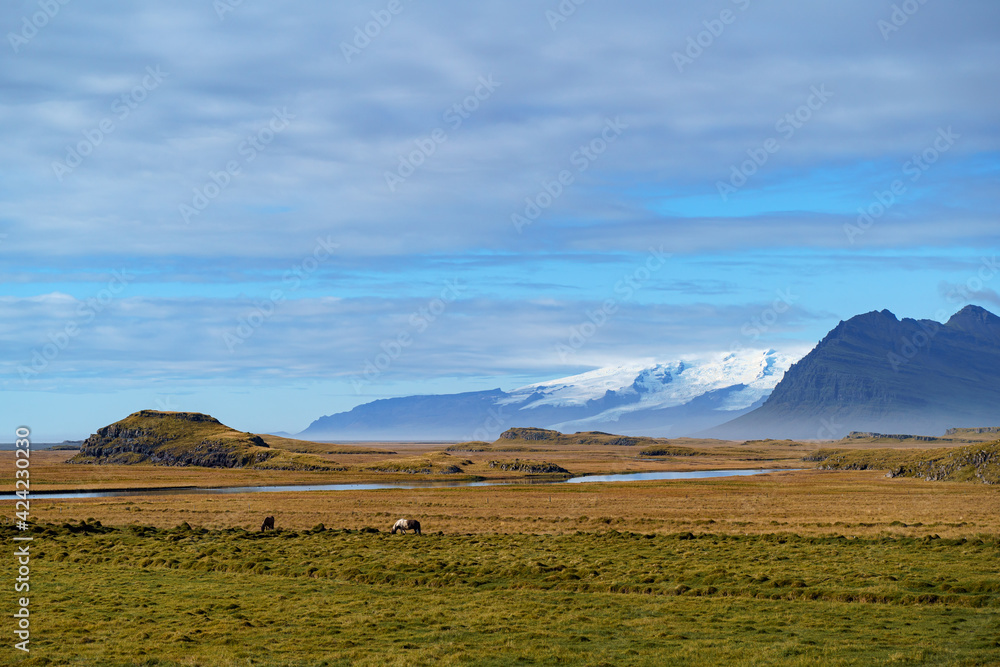 Glacier. View from Stokksnes. East Iceland nature landscape