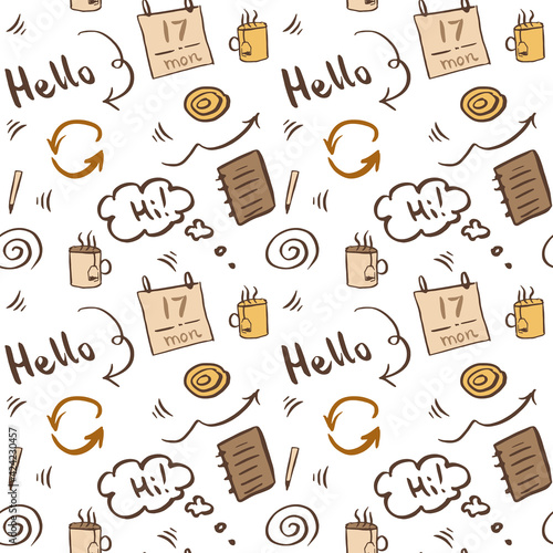 Beige and orange morning office concept. Vector doodle seamless pattern with planner, meeting. Office business concept. Hand drawn monochrome illustration for notebook cover, wallpaper, fabric. EPS10