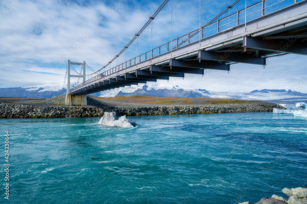 Car bridge near Jokulsarlon - Jökulsárlón Glacier Lagoon in East Iceland. Iceberg on the water Car bridge near Jokulsarlon - Jökulsárlón Glacier Lagoon in East Iceland. Iceberg on the water