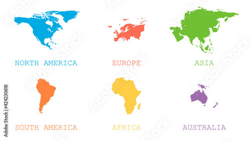 World map with continents of different colors. Continents of the world. Vector illustration in a flat style.