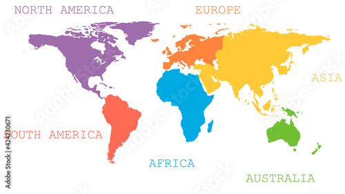 World map with continents of different colors. Continents of the world. Vector illustration in a flat style.