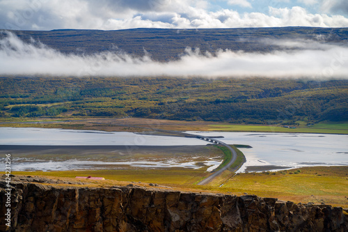 Bridge over Lagarfljot or Logurinn lake in East Iceland. Nature landscape photo