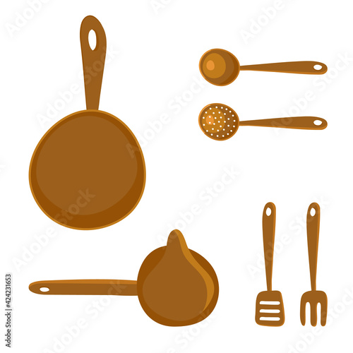 Copper kitchen accessories: spatula, skimmer, ladle, fork. Frying pan, saucepan. Vector flat illustration isolated on a white background.