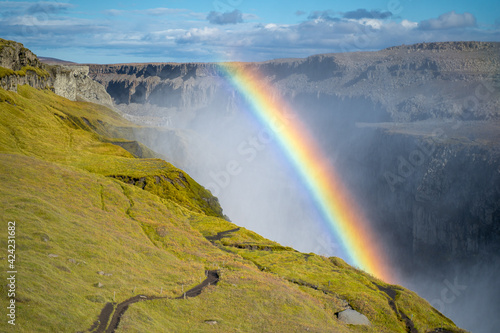 Rainbow at Dettifoss waterfall in Northeast Iceland. Beautiful nature icelandic landscape