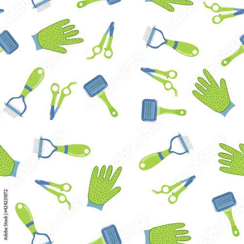 Grooming equipment for pet care seamless pattern. Various tools for combing, cutting of domestic animal. Various pet supplies. Cartoon vector illustration.