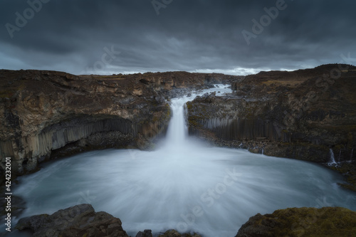 Aldeyjarfoss waterfall in Northeast Iceland. Beautiful nature icelandic landscape at dramatic cloudy sky