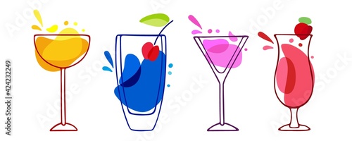 Tasty alcoholic cocktails set. Various colored drinks. Mixed drinks. Bright pink cocktails in glass. Fresh Exotic tropical beach bar. Flat cartoon vector icon on white background