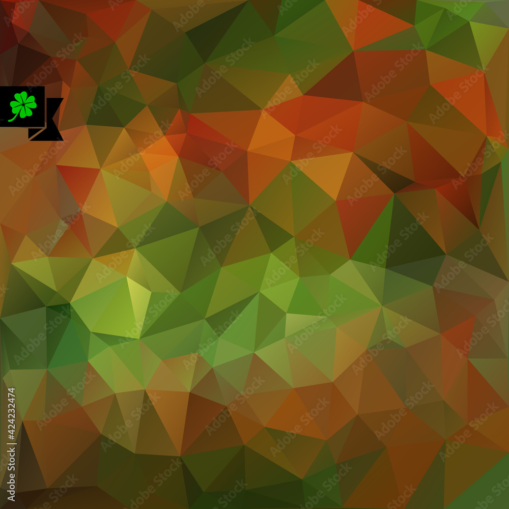 Fototapeta premium Polygonal vector background of triangles with badge and green clover. All isolated and layered