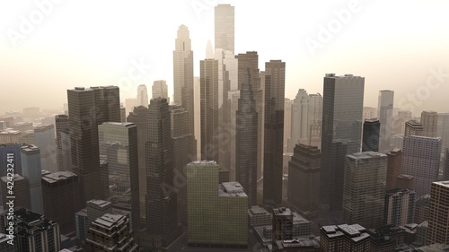 City at sunset, Skyscrapers at sunset, modern city at sunrise in the haze,, 3D rendering