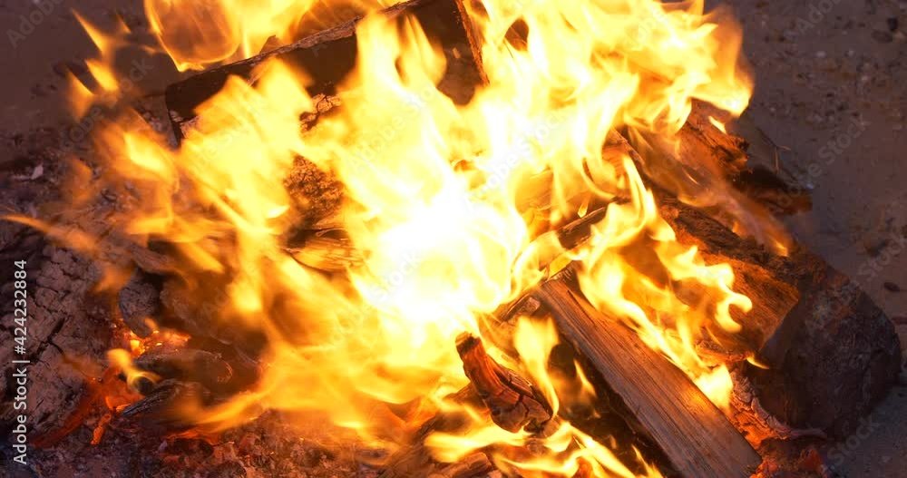 Beautiful Fire in the Wind. Powerful Campfire Burning with Wind Blowing Flames. Beautiful Fire in the Wind. Powerful Campfire Burning with Wind Blowing Flames.