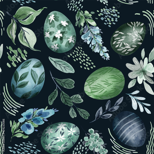 Easter seamless pattern with eggs and floral elements