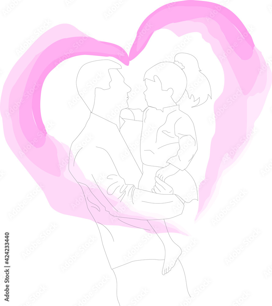 Contouring line drawing vector illustration. Father with daughter in hands. Father's day greeting card. Contouring line drawing vector illustration. Father with daughter in hands. Father's day greeting card.