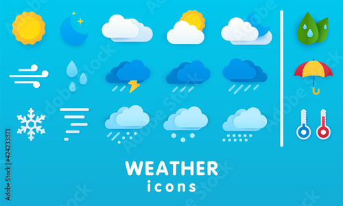 Set of vector paper cut weather icons. Icons for sunny, cloudy, rainy, windy and snowy weather. Umbrella, thermometers, green leaves, sun and moon from behind the clouds, snow and rain clouds.