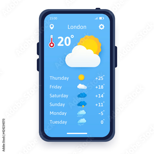 Vector concept of paper cut weather. Weather forecast application on smartphone. Sunny day concept with temperature.. Cartoon flat illustration that can be used for websites and web banners.